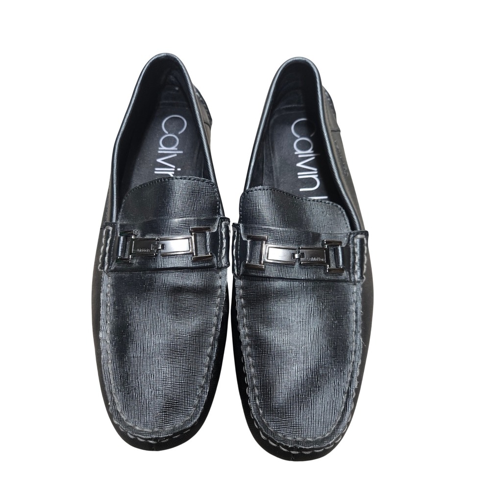 Calvin Klein Men Black Textured Leather Driving Loafers Slip On Dress Shoes 11.5